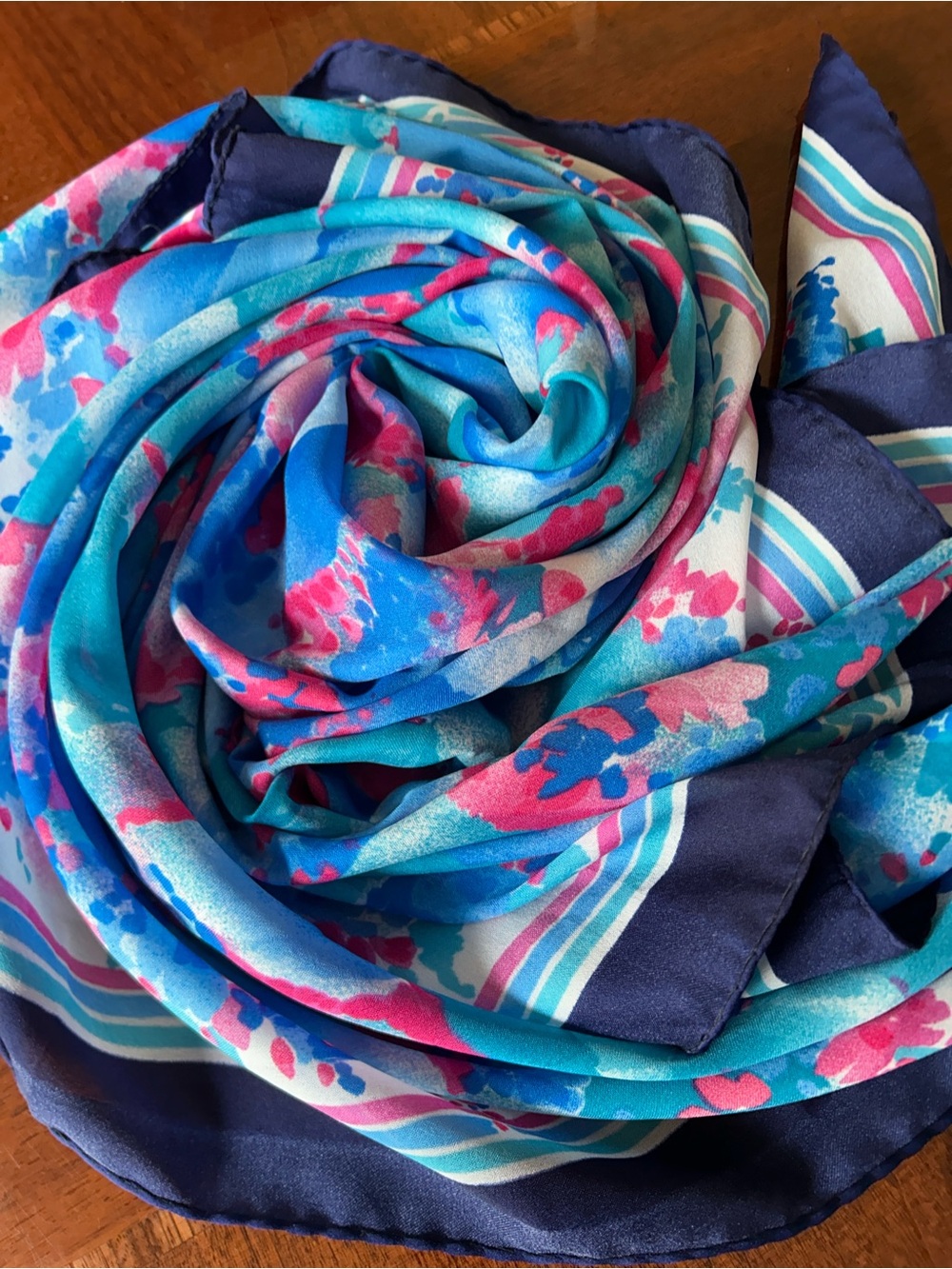 Blue and Pink Floral Silk Scarf 46“ x 46“ hand rolled
